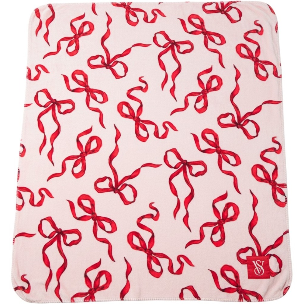 Victorias Secret Plush Throw Blanket Pink Red Bow Print Fleece Coquette Cozy
